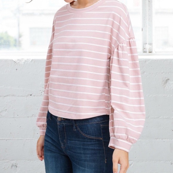 Pink Puff Sleeve Crewneck Crop Sweatshirt - Picture 5 of 6